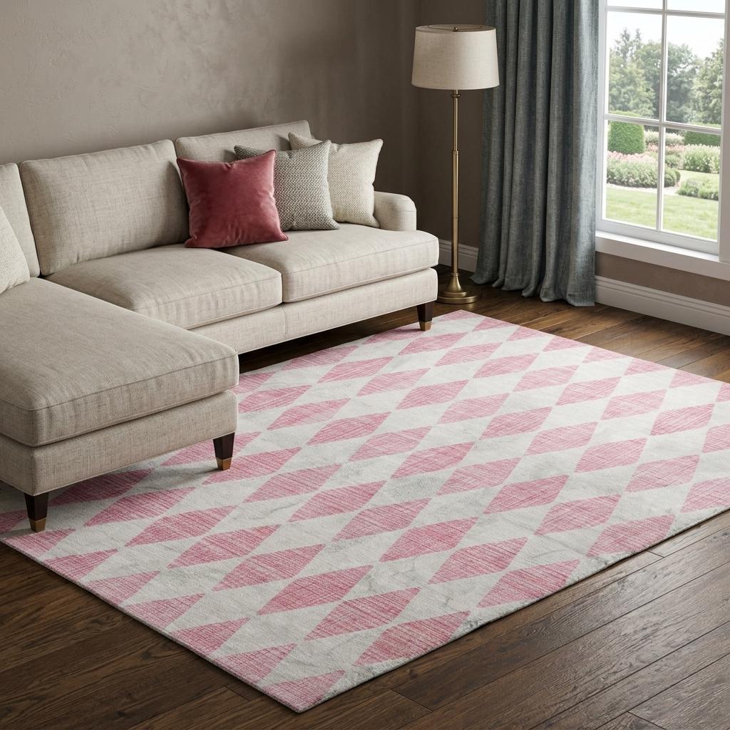 8' X 10' Pink And Ivory Geometric Shag Washable Area Rug With UV Protection - HomeRoots - Flyclothing LLC
