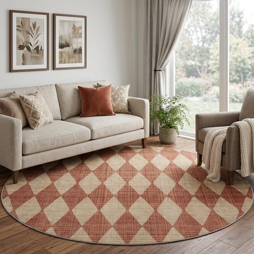 8' Orange And Copper Geometric Shag Washable Round Rug With UV Protection