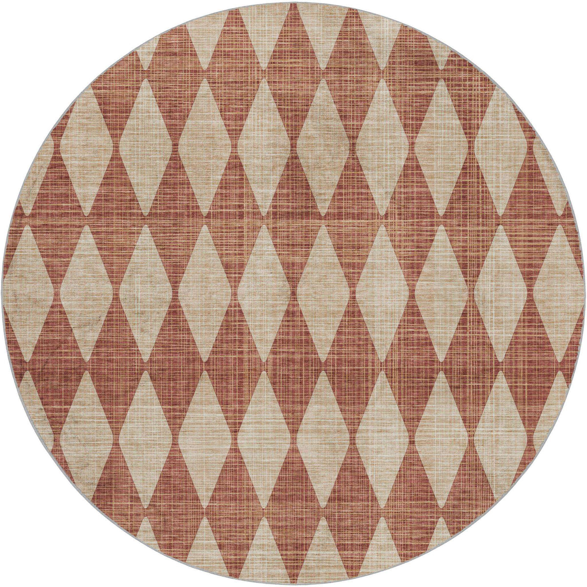 8' Orange And Copper Geometric Shag Washable Round Rug With UV Protection