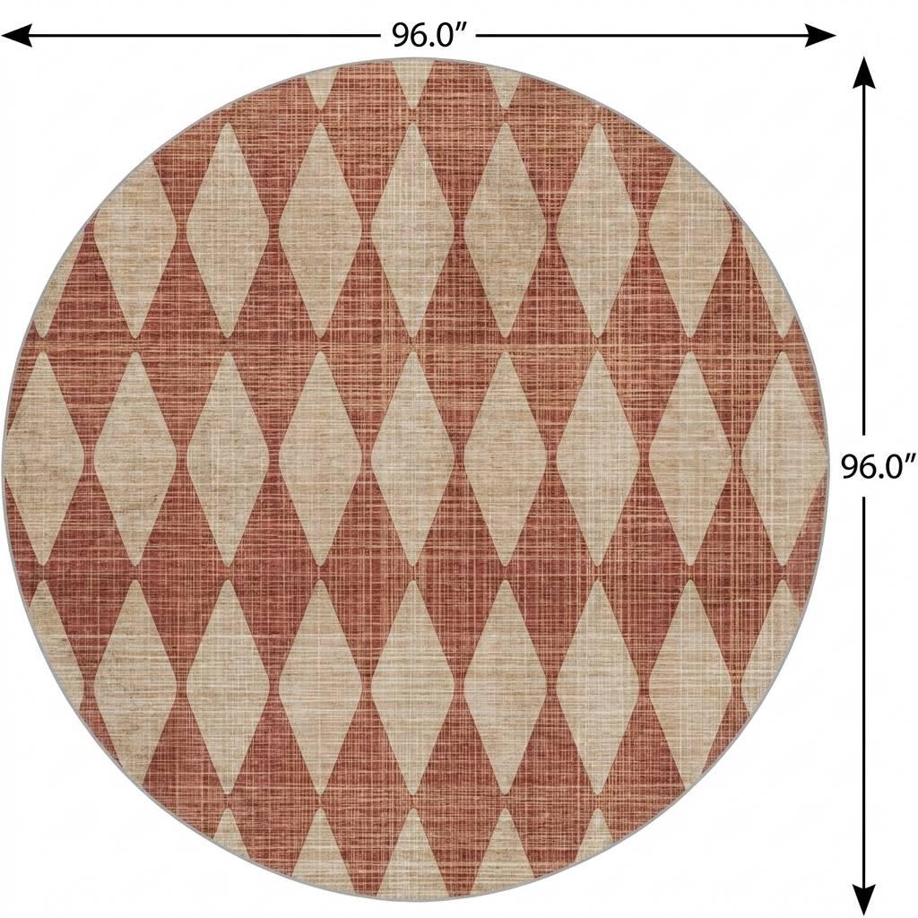 8' Orange And Copper Geometric Shag Washable Round Rug With UV Protection