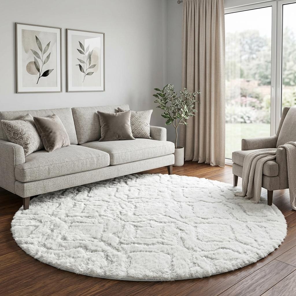 8' Pewter And Silver Geometric Shag Washable Round Rug With UV Protection - HomeRoots - Flyclothing LLC