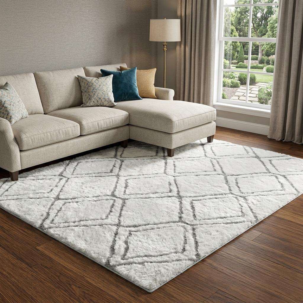 9' X 12' Pewter And Silver Geometric Shag Washable Area Rug With UV Protection - HomeRoots - Flyclothing LLC