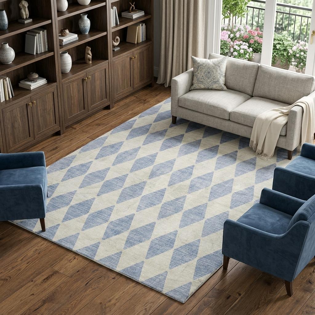9' X 12' Sky Blue And Ivory Geometric Shag Washable Area Rug With UV Protection - HomeRoots - Flyclothing LLC