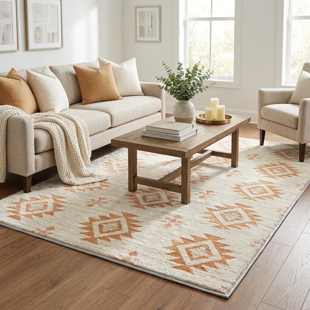 5' X 8' Salmon And Ivory Geometric Shag Washable Area Rug With UV Protection - HomeRoots - Flyclothing LLC