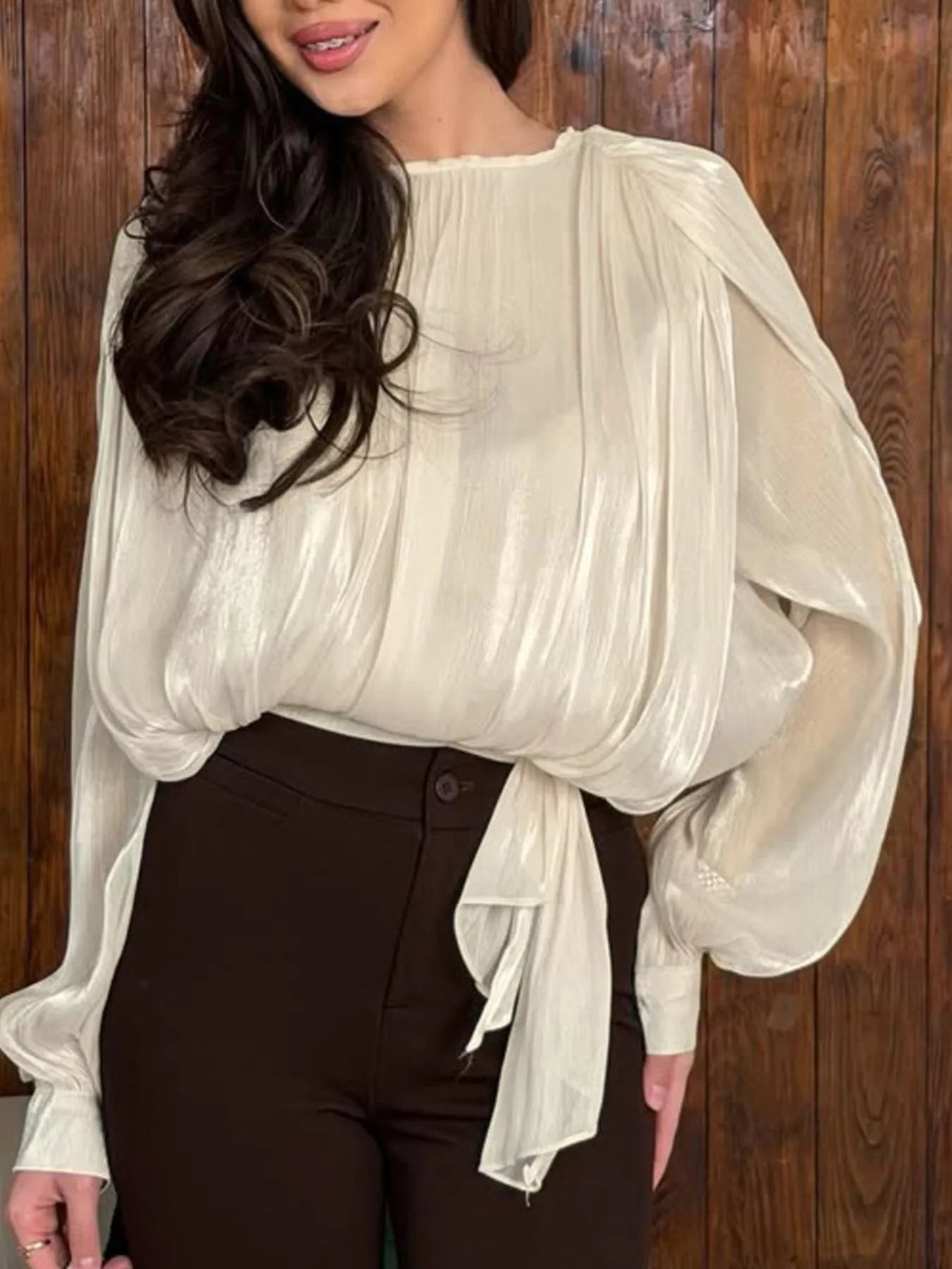 Metallic Sheen Blouse with Tie Detail - Trendsi - Flyclothing LLC