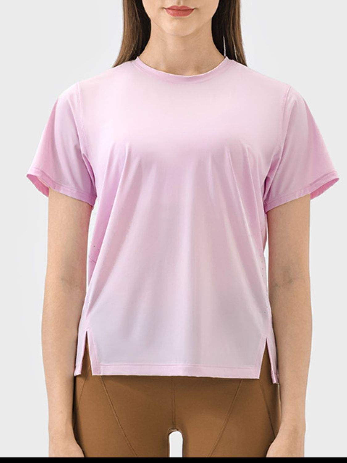 Slit Round Neck Short Sleeve Active T-Shirt - Trendsi - Flyclothing LLC