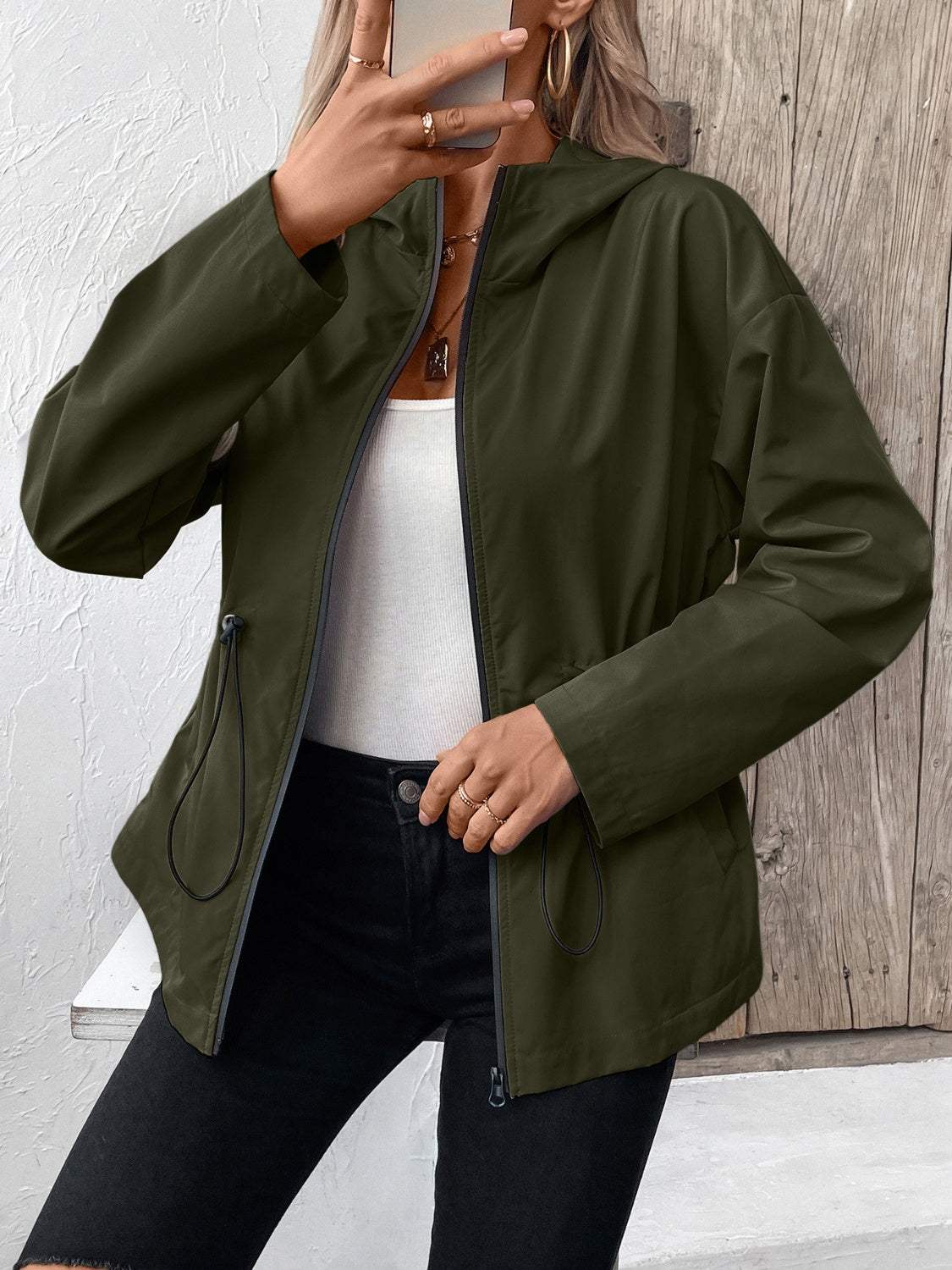 Drawstring Zip Up Hooded Jacket - Trendsi - Flyclothing LLC