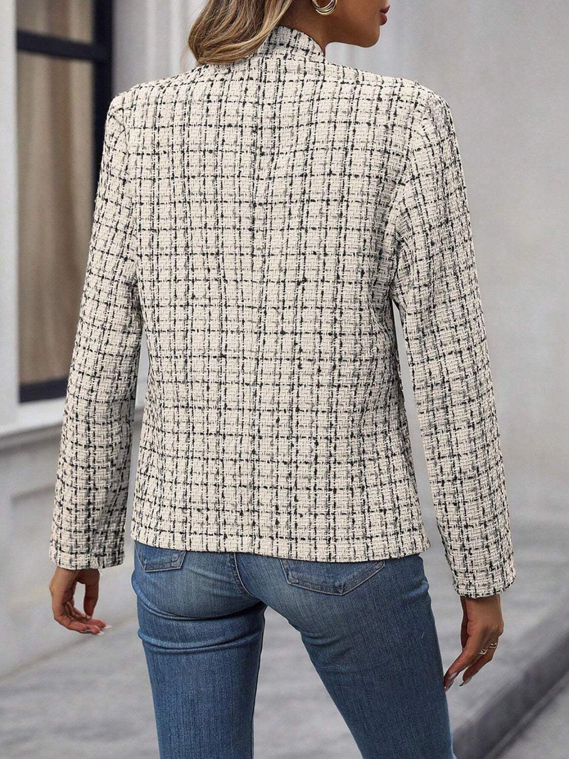 Plaid Open Front Long Sleeve Jacket - Trendsi - Flyclothing LLC