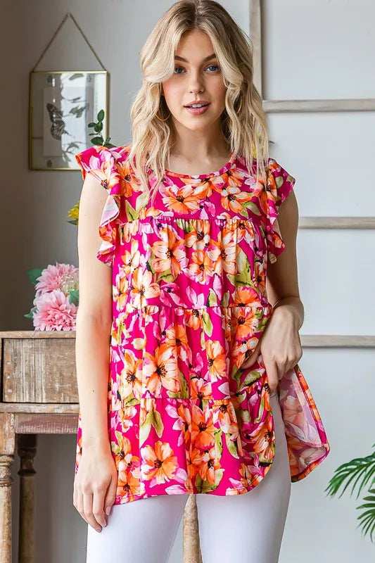 Heimish Full Size Butterfly Sleeve Floral Tiered Top Plus Size - Trendsi - Flyclothing LLC