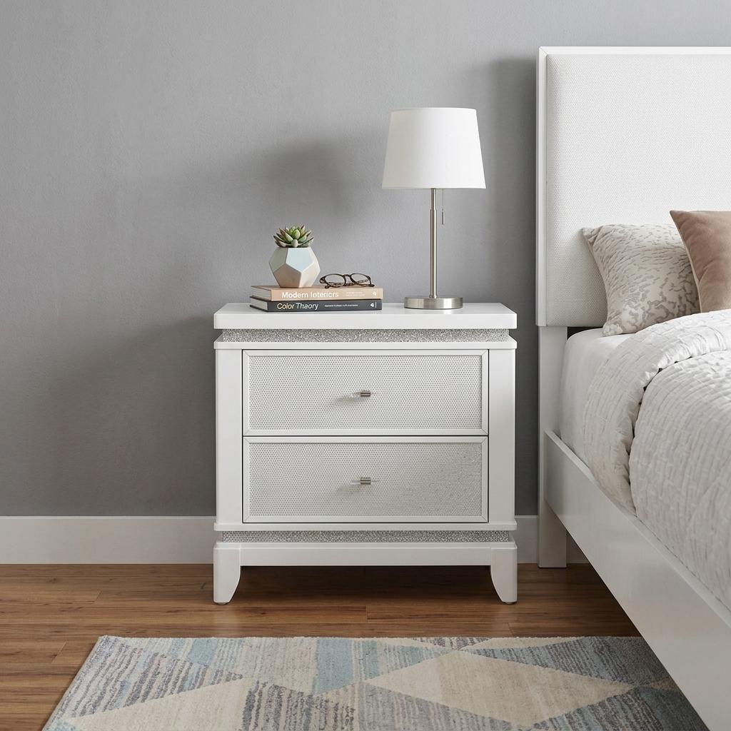 27" White And Silver Wood Two Drawer Nightstand