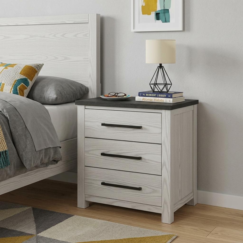 24" Beige Wood Two Drawer Nightstand