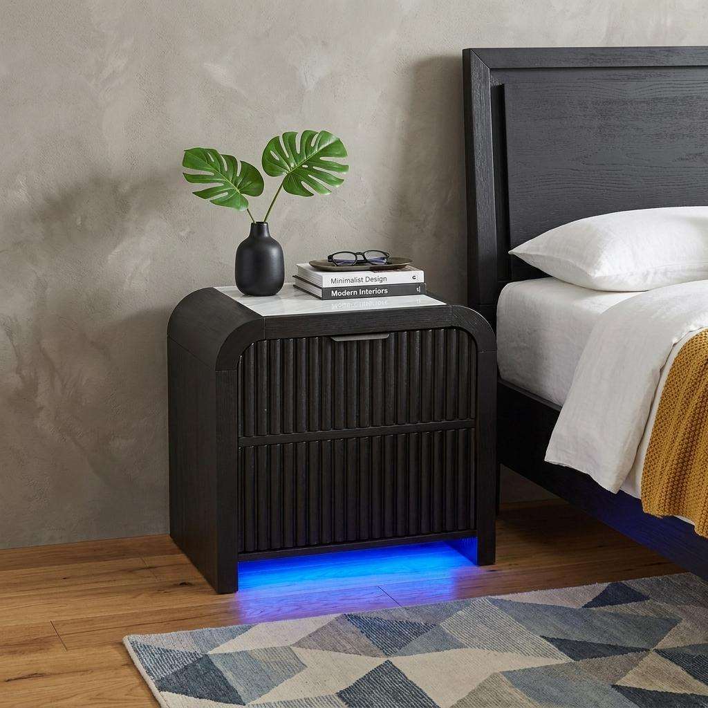 27" White And Black Wood Lighted Two Drawer Nightstand with USB Port and Integrated Tech - HomeRoots - Flyclothing LLC