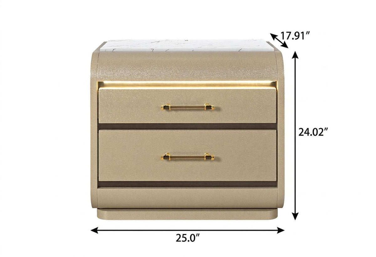 24" Gold Wood Lighted Two Drawer Nightstand - HomeRoots - Flyclothing LLC