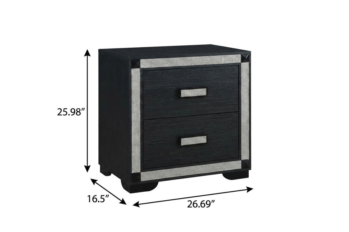 26" Charcoal Wood Faux Crystal Bling Two Drawer Nightstand - HomeRoots - Flyclothing LLC
