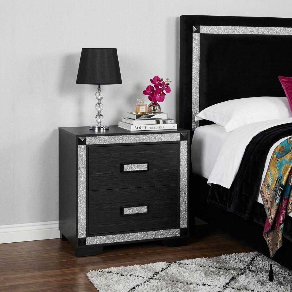 26" Charcoal Wood Faux Crystal Bling Two Drawer Nightstand - HomeRoots - Flyclothing LLC