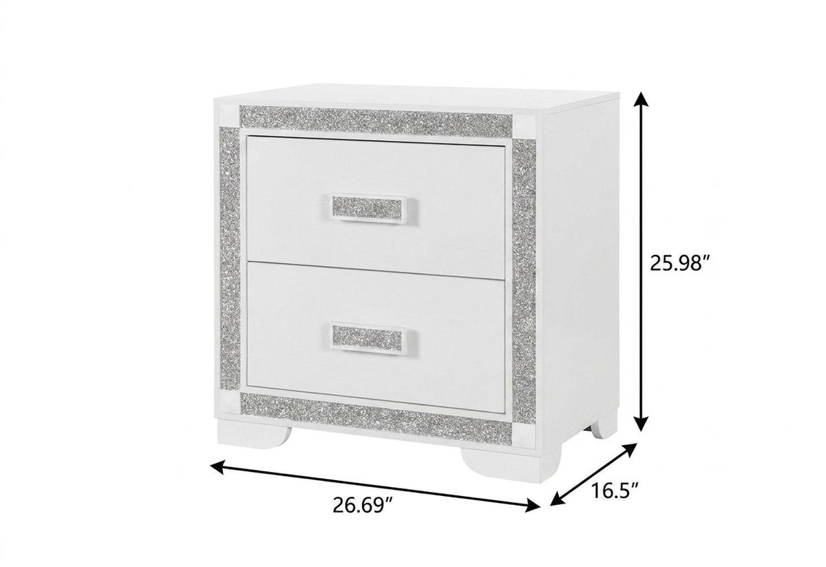 26" White Wood Faux Crystal Bling Two Drawer Nightstand - HomeRoots - Flyclothing LLC