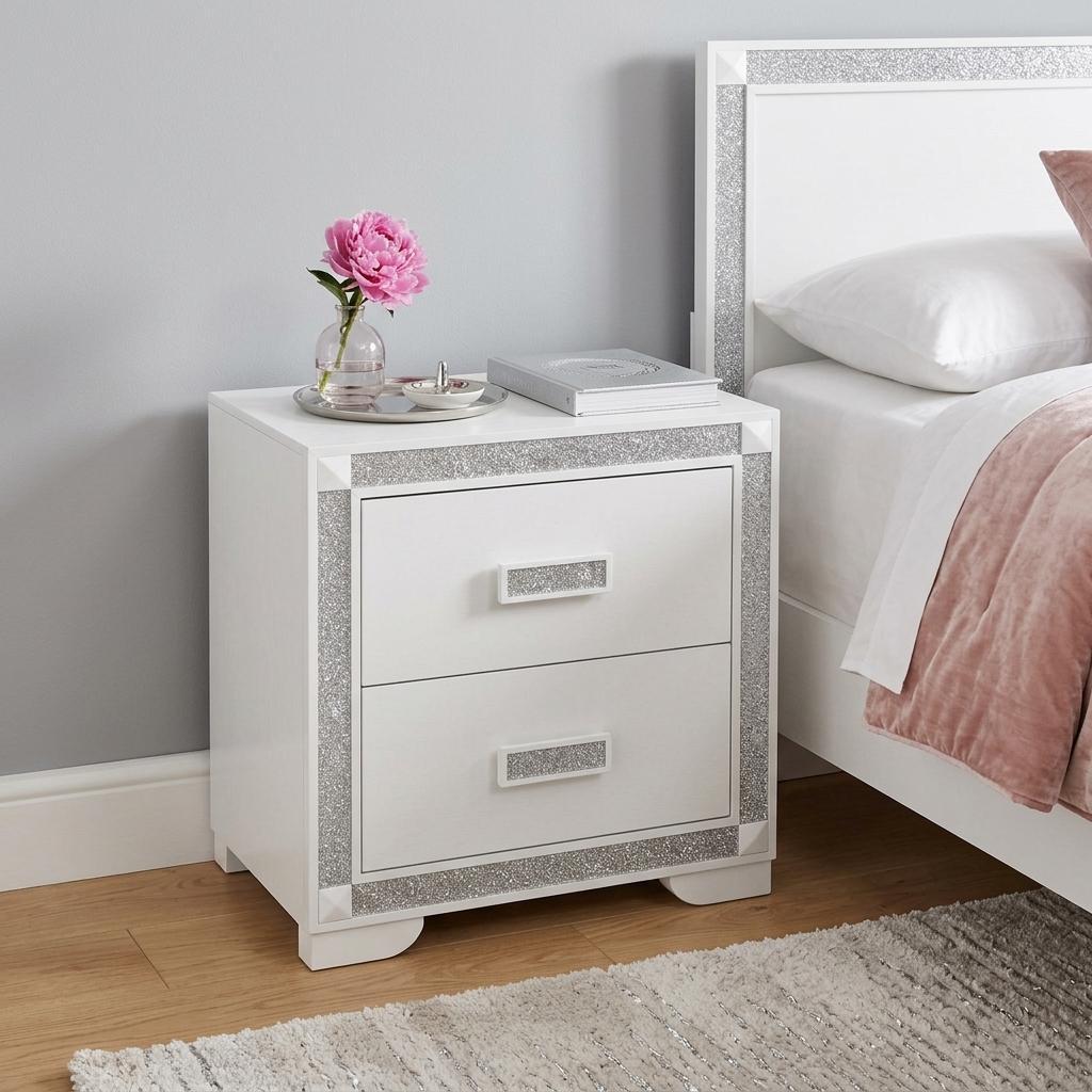 26" White Wood Faux Crystal Bling Two Drawer Nightstand - HomeRoots - Flyclothing LLC