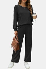Round Neck Long Sleeve Top and Pants Set - Trendsi
