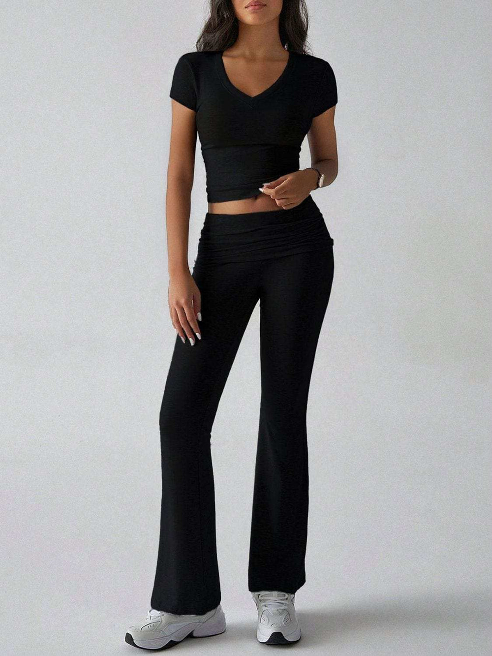 Devine V-Neck Top and Bootcut Leggings Set - Trendsi - Flyclothing LLC