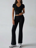 Devine V-Neck Top and Bootcut Leggings Set - Trendsi - Flyclothing LLC