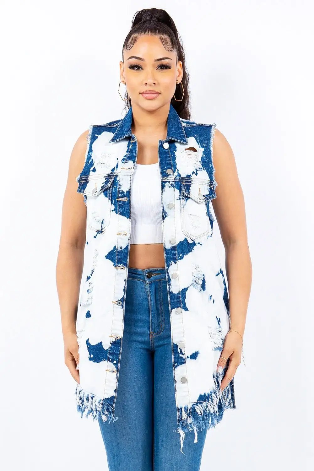 American Bazi Distressed Frayed Edge Longline Denim Vest - Trendsi