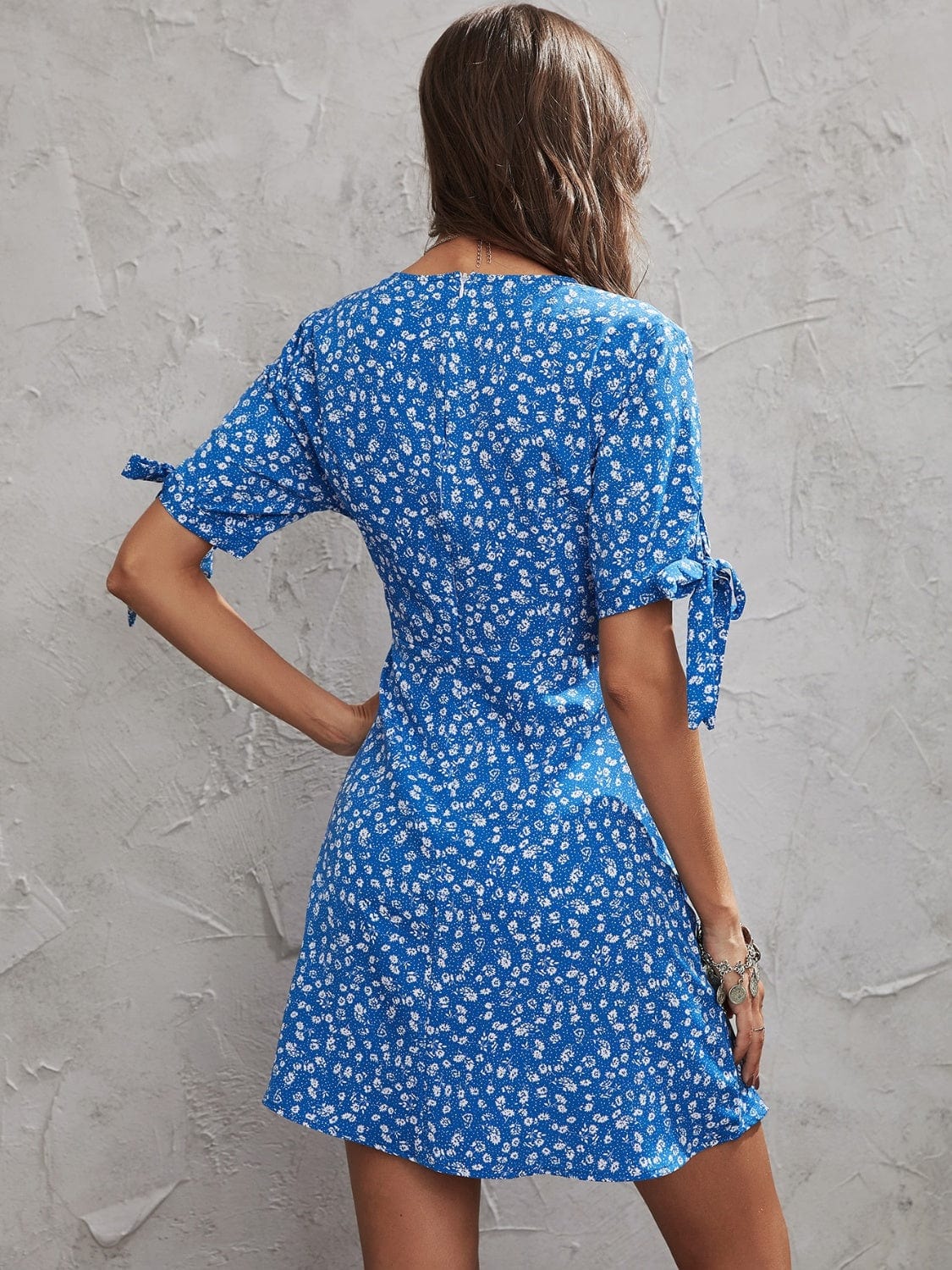 Honey Printed Surplice Short Sleeve Mini Dress - Trendsi