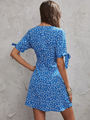 Honey Printed Surplice Short Sleeve Mini Dress - Trendsi