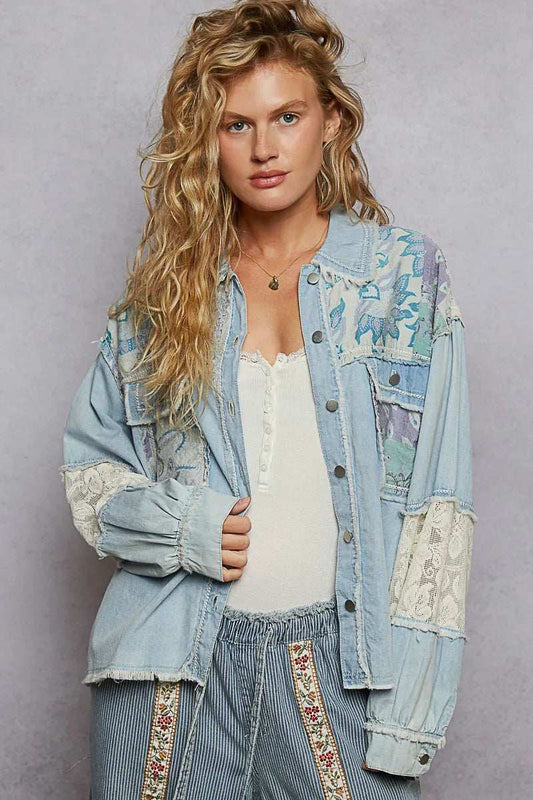 POL Printed Woven Mix Raw Hem Jacket with Lace Detail - Trendsi - Flyclothing LLC