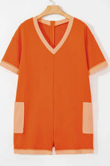 Two-Tone Short Sleeve V Neck Patched Pocket Romper - Trendsi - Flyclothing LLC