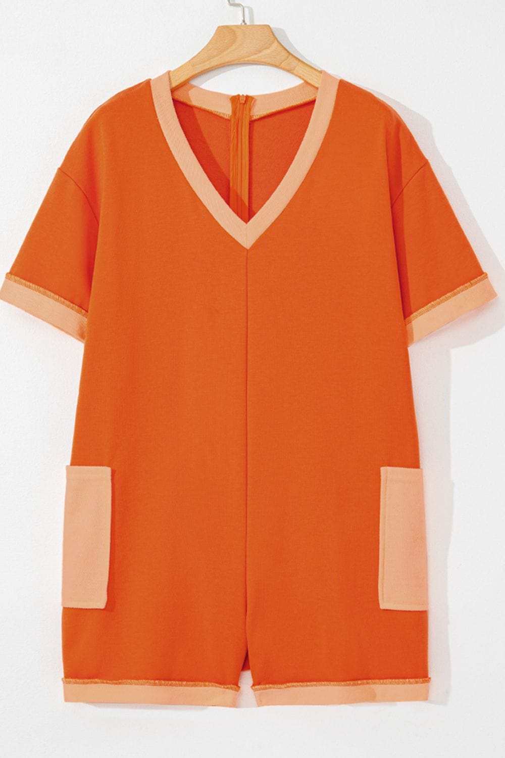 Two-Tone Short Sleeve V Neck Patched Pocket Romper - Trendsi - Flyclothing LLC