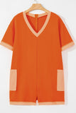 Two-Tone Short Sleeve V Neck Patched Pocket Romper - Trendsi
