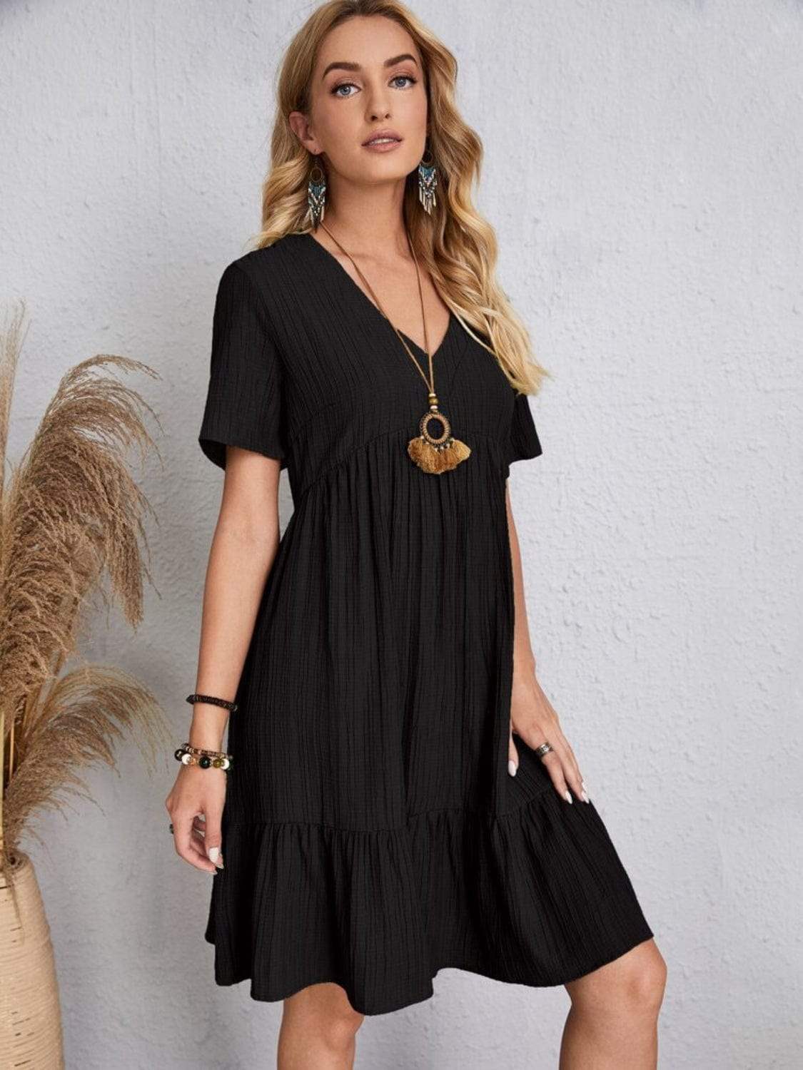 Full Size V-Neck Short Sleeve Dress - Trendsi - Flyclothing LLC