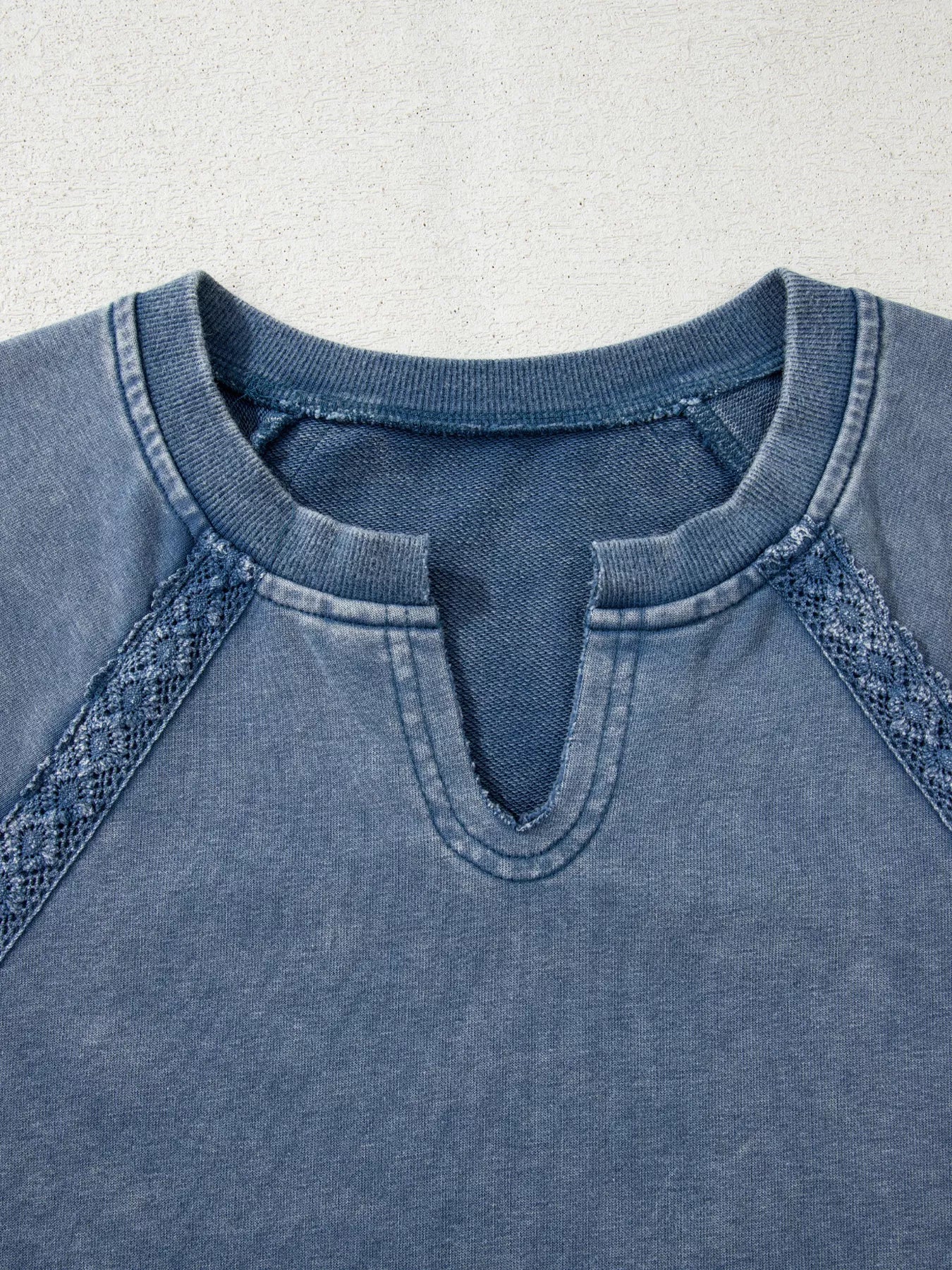 Lace Patchwork Detail Notched Neck Mineral Wash Baggy Sweatshirt - Trendsi - Flyclothing LLC