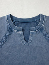 Lace Patchwork Detail Notched Neck Mineral Wash Baggy Sweatshirt - Trendsi - Flyclothing LLC