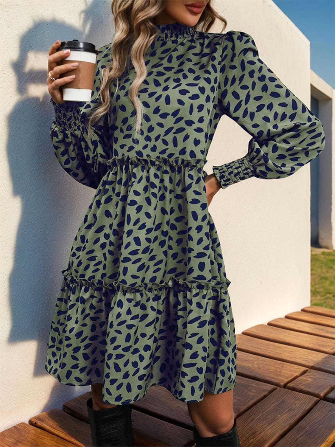 Frill Printed Mock Neck Long Sleeve Mini Dress - Trendsi