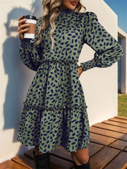 Frill Printed Mock Neck Long Sleeve Mini Dress - Trendsi