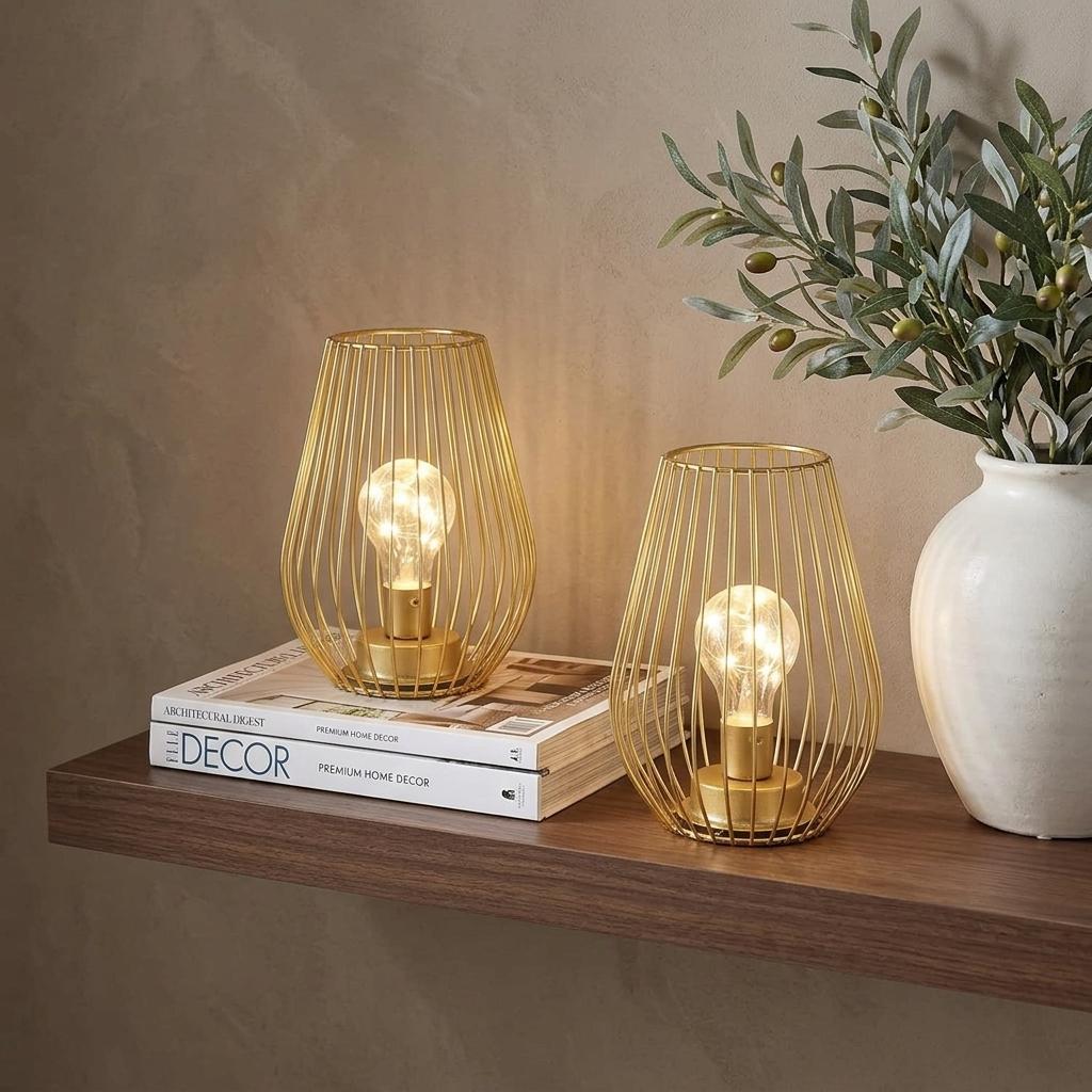 Set of Two 8" Gold Teardrop Desk Lamps With Cage Shades - HomeRoots - Flyclothing LLC