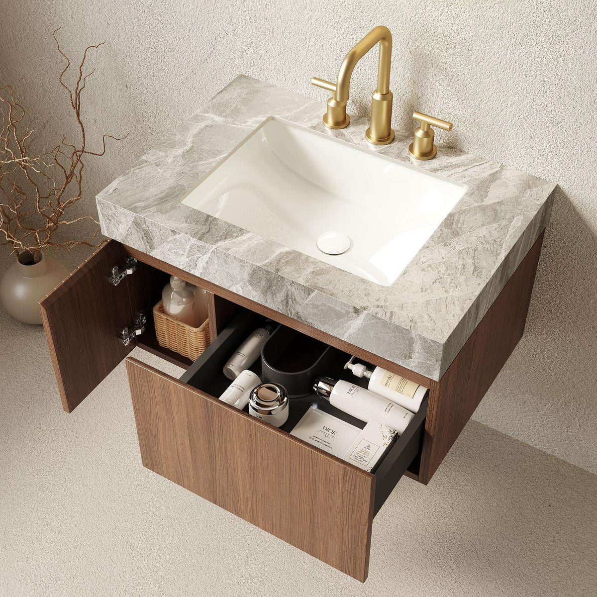 30" Brown Wood Floating Single Door Bathroom Vanity With White Sink - HomeRoots - Flyclothing LLC