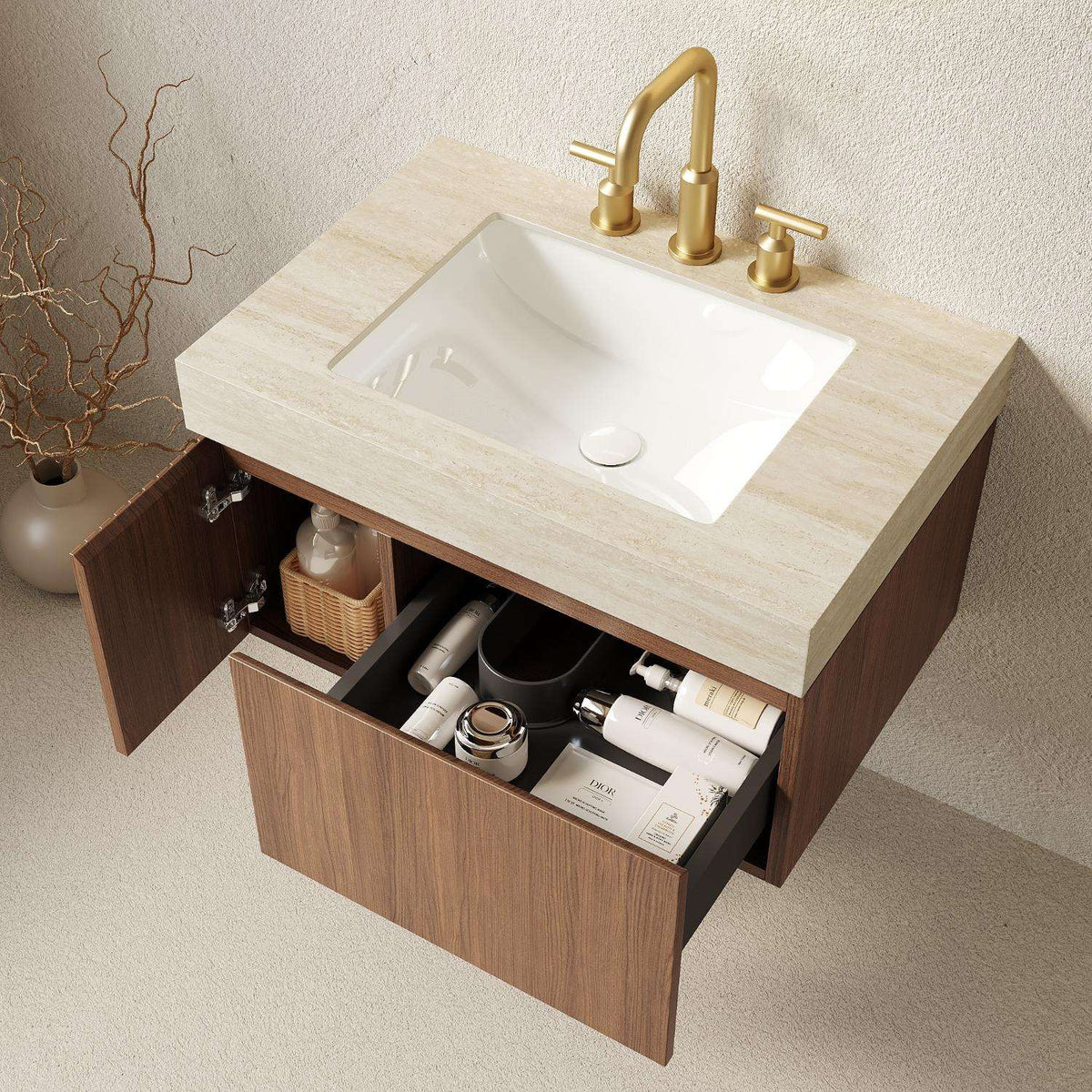 30" Brown Wood Floating Single Door Bathroom Vanity With White Sink - HomeRoots - Flyclothing LLC