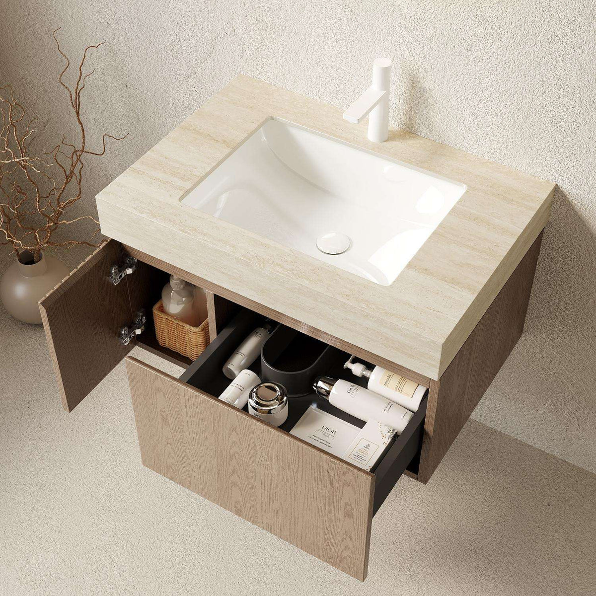 30" Brown Wood Floating Single Door Bathroom Vanity With White Sink - HomeRoots - Flyclothing LLC