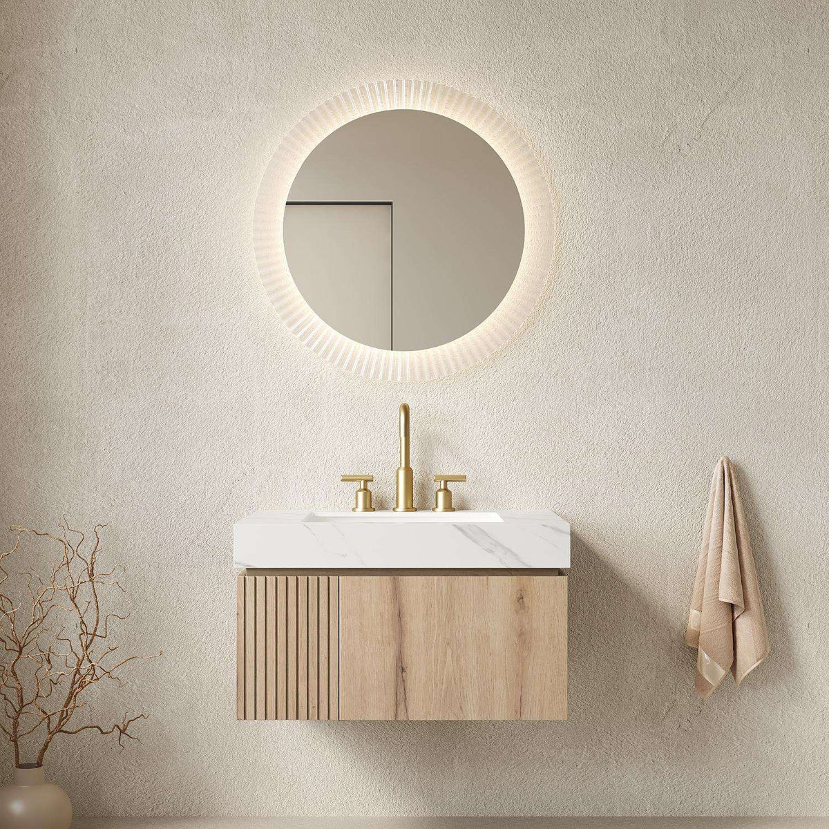 30" Brown Wood Floating Single Door Bathroom Vanity With White Sink - HomeRoots - Flyclothing LLC