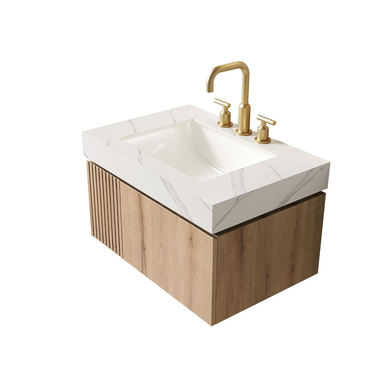 30" Brown Wood Floating Single Door Bathroom Vanity With White Sink - HomeRoots - Flyclothing LLC