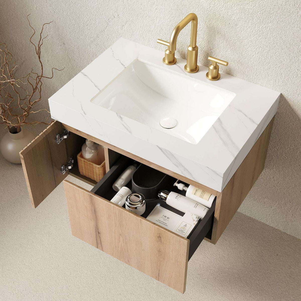 30" Brown Wood Floating Single Door Bathroom Vanity With White Sink - HomeRoots - Flyclothing LLC