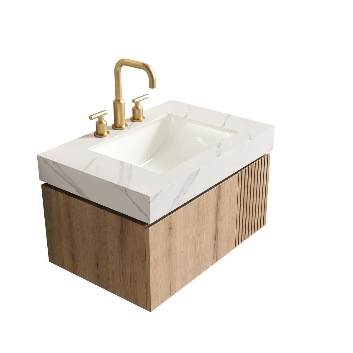 30" Brown Wood Floating Single Door Bathroom Vanity With White Sink - HomeRoots - Flyclothing LLC