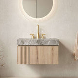 30" Brown Wood Floating Single Door Bathroom Vanity With White Sink - HomeRoots - Flyclothing LLC