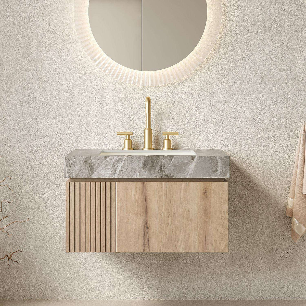 30" Brown Wood Floating Single Door Bathroom Vanity With White Sink - HomeRoots - Flyclothing LLC