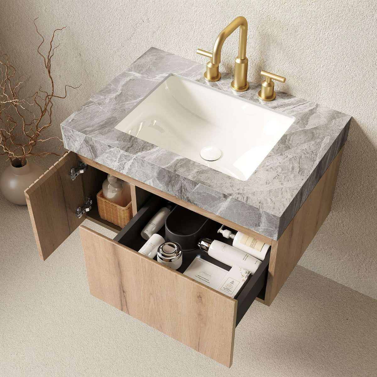 30" Brown Wood Floating Single Door Bathroom Vanity With White Sink - HomeRoots - Flyclothing LLC