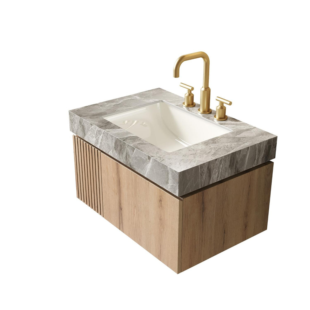 30" Brown Wood Floating Single Door Bathroom Vanity With White Sink - HomeRoots - Flyclothing LLC