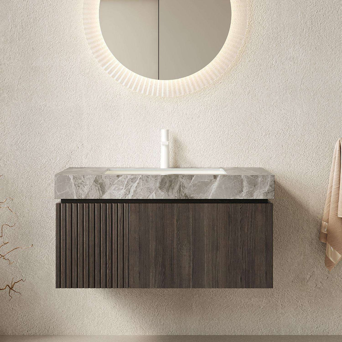 36" Brown Wood Floating Single Door Bathroom Vanity With White Sink - HomeRoots - Flyclothing LLC