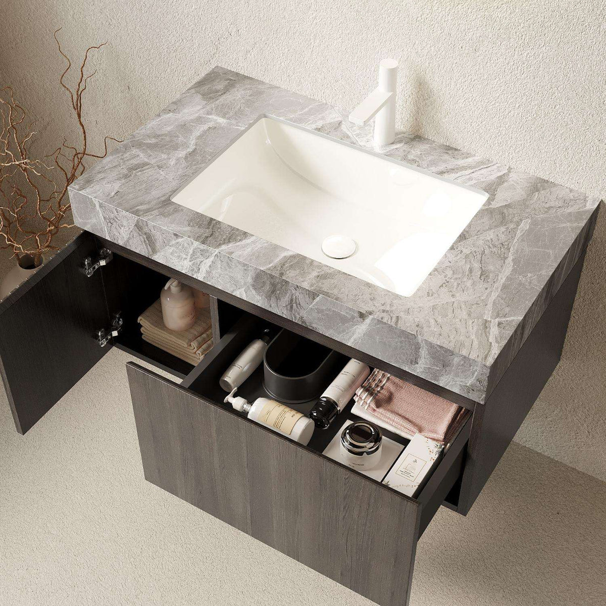 36" Brown Wood Floating Single Door Bathroom Vanity With White Sink - HomeRoots - Flyclothing LLC